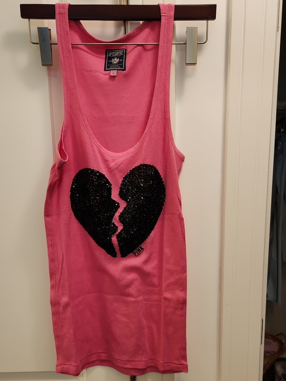 NWOT PINK Victoria's Secret Hot Pink Tank with Black Sequin Broken Heart